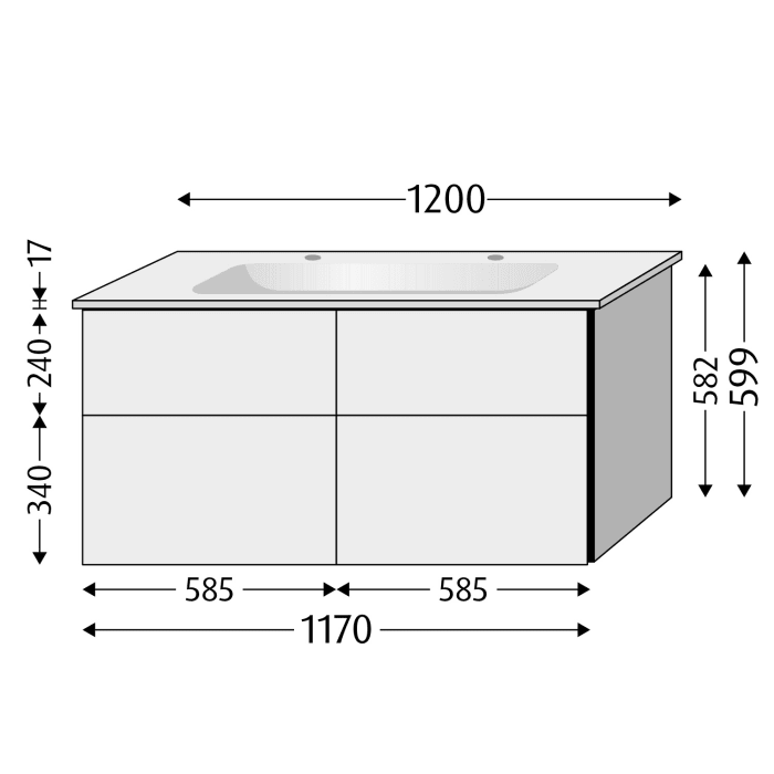 Sanipa 3way Kombination mit Keramik-Doppelwaschtisch Design 120 cm, 4 Auszüge mit Griff-Leiste