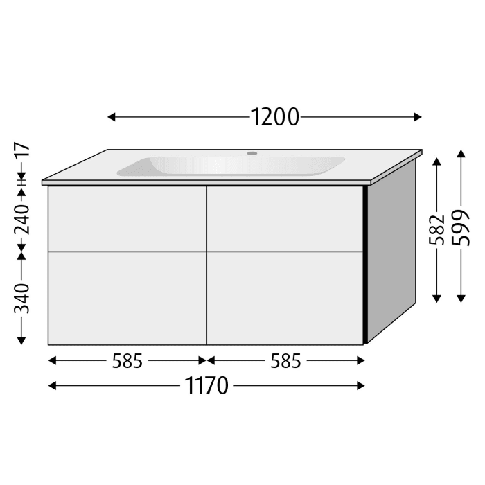 Sanipa 3way Kombination mit Keramikwaschtisch Design 120 cm, 4 Auszüge mit Griff-Leiste
