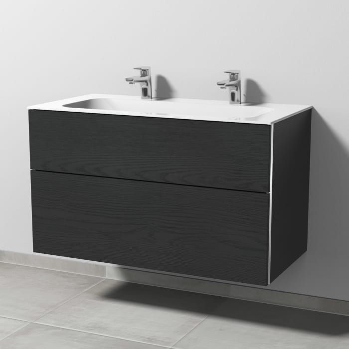 Sanipa 3way Kombination mit Keramik-Doppelwaschtisch Finion 100 cm, 2 Auszüge mit Griff-Leiste