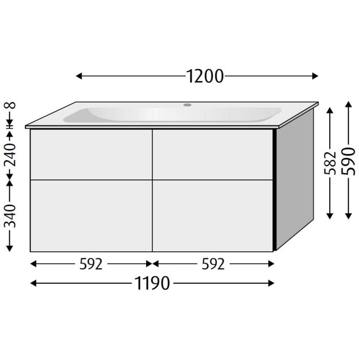 Sanipa 3way Kombination mit Keramikwaschtisch Finion 120 cm, 4 Auszüge mit Griff-Leiste
