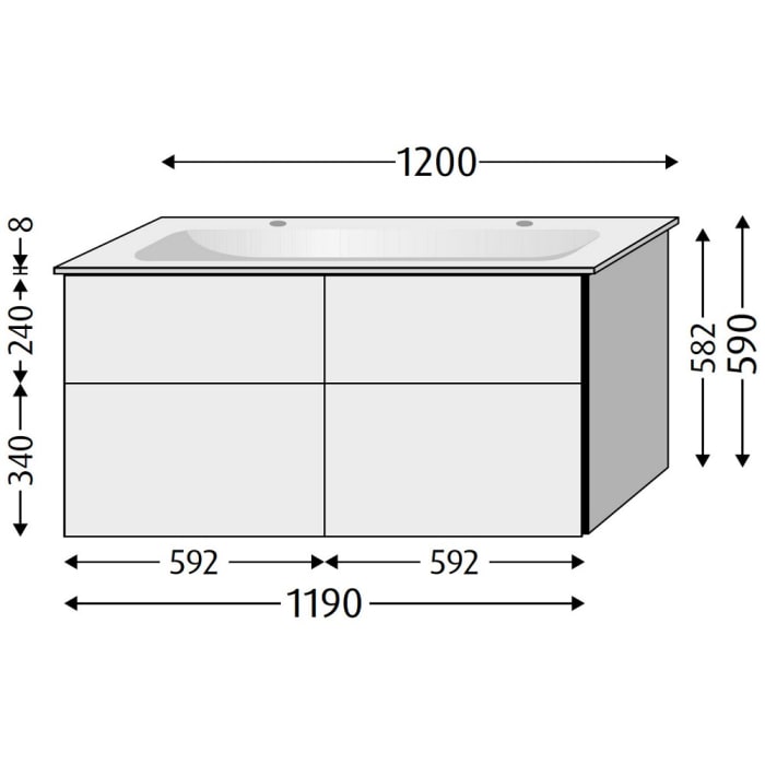 Sanipa 3way Kombination mit Keramik-Doppelwaschtisch Finion 120 cm, 4 Auszüge mit Griff-Leiste