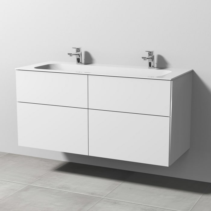 Sanipa 3way Unterschrank 120 cm, 4 Auszüge, Griff-Leisten mit Villeroy & Boch Finion Doppelwaschtisch