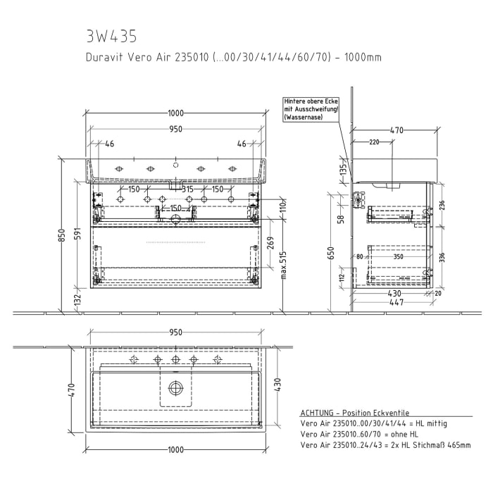 Sanipa 3way Waschtischunterbau für Keramik-Waschtisch Vero Air 100 cm, 2 Auszüge mit Griffleisten