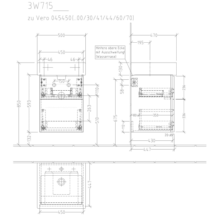 Sanipa 3way Waschtischunterbau für Keramik-Waschtisch Vero 50 cm, 2 Auszüge mit Griffleisten