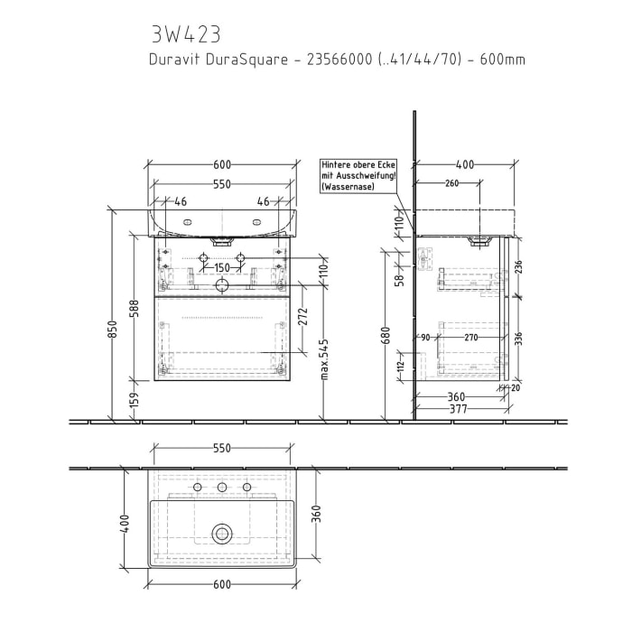 Sanipa 3way Waschtischunterbau für Keramik-Waschtisch Dura Square 60 cm, 2 Auszüge mit Griffleisten, geringere Tiefe