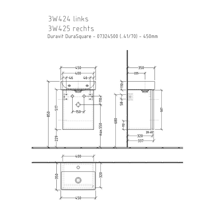 Sanipa 3way Waschtischunterbau für Keramik-Waschtisch Dura Square 45 cm, 1 Tür, Anschlag links, mit Griffleiste