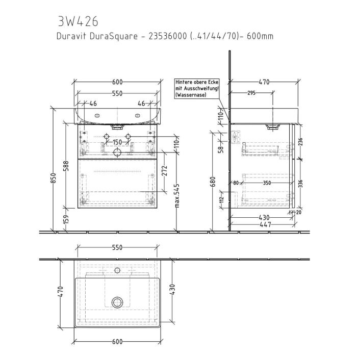 Sanipa 3way Waschtischunterbau für Keramik-Waschtisch Dura Square 60 cm, 2 Auszüge mit Griffleisten