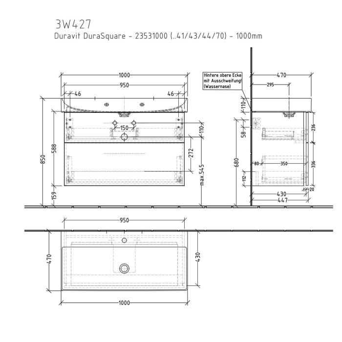 Sanipa 3way Waschtischunterbau für Keramik-Waschtisch Dura Square 100 cm, 2 Auszüge mit Griffleisten