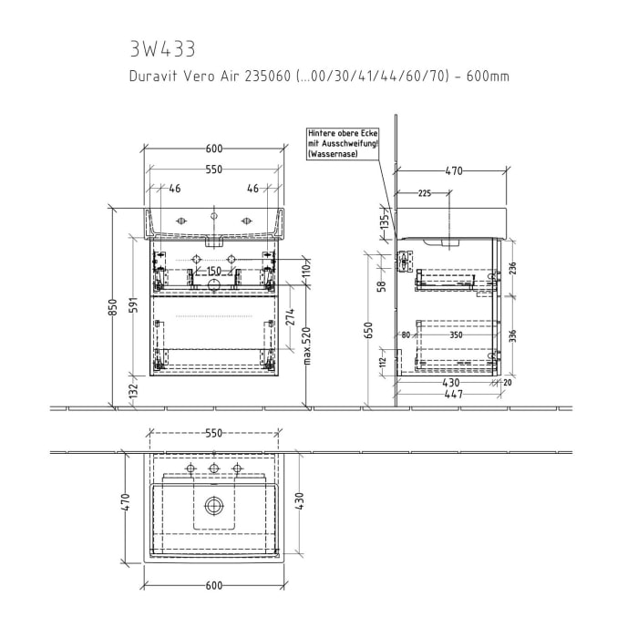 Sanipa 3way Waschtischunterbau für Keramik-Waschtisch Vero Air 60 cm, 2 Auszüge mit Griffleisten