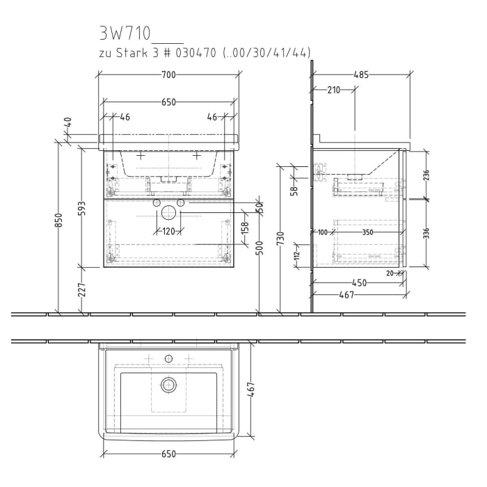 Sanipa 3way Waschtischunterbau für Keramik-Waschtisch Starck 3 70 cm, 2 Auszüge mit Griffleisten