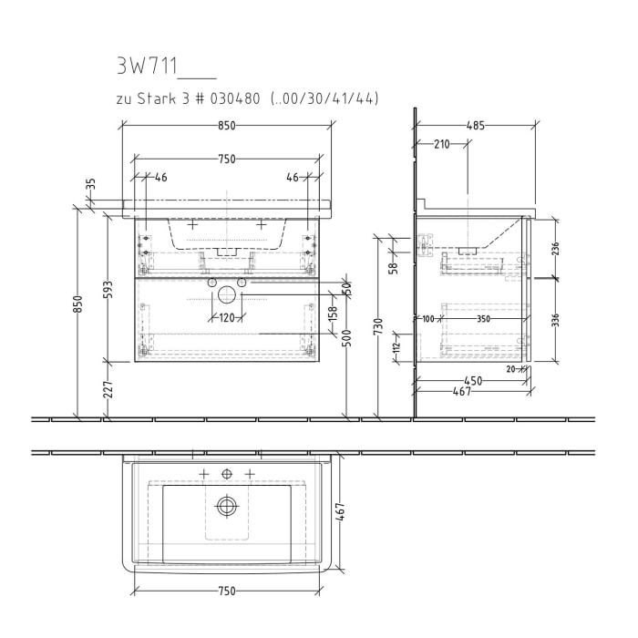 Sanipa 3way Waschtischunterbau für Keramik-Waschtisch Starck 3 85 cm, 2 Auszüge mit Griffleisten