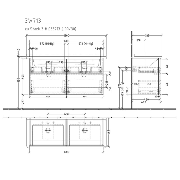 Sanipa 3way Waschtischunterbau für Keramik-Doppelwaschtisch Starck 3 130 cm, 4 Auszüge mit Griffleisten