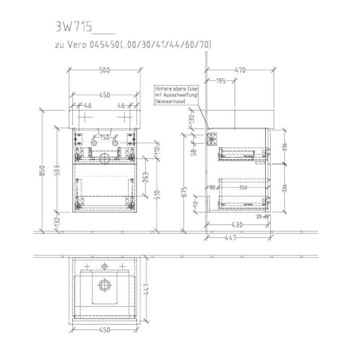 Sanipa 3way Waschtischunterbau für Keramik-Waschtisch Vero 50 cm, 2 Auszüge mit Griffleisten