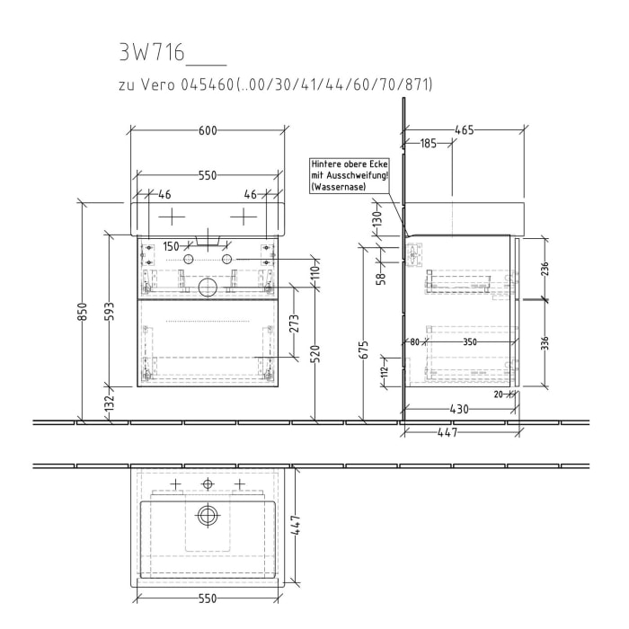 Sanipa 3way Waschtischunterbau für Keramik-Waschtisch Vero 60 cm, 2 Auszüge mit Griffleisten