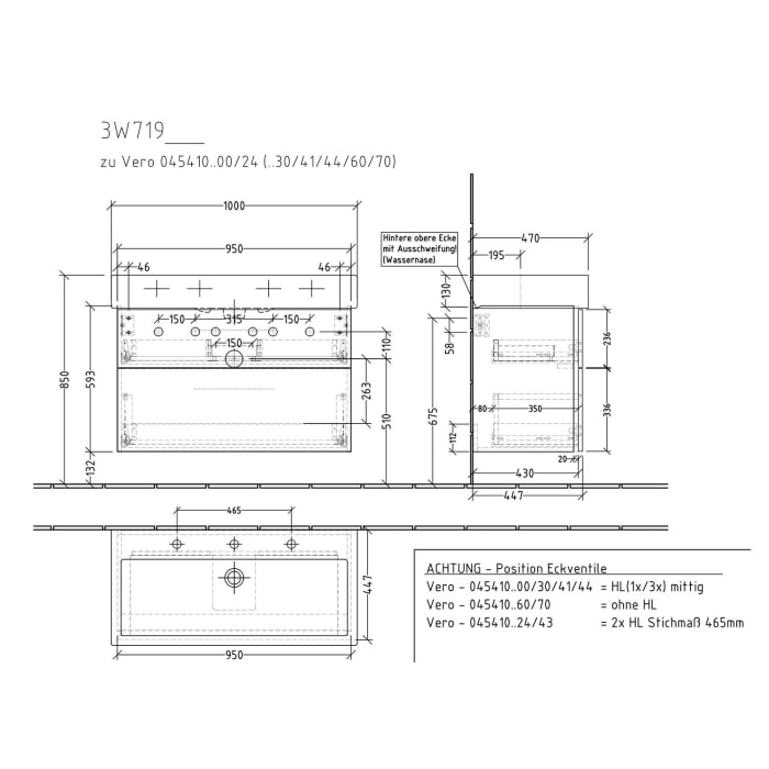 Sanipa 3way Waschtischunterbau für Keramik-Waschtisch Vero 100 cm, 2 Auszüge mit Griffleisten