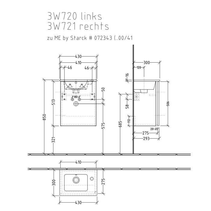 Sanipa 3way Waschtischunterbau für Keramik-Waschtisch ME by Starck 43 cm, 1 Tür, Anschlag rechts, mit Griffleiste