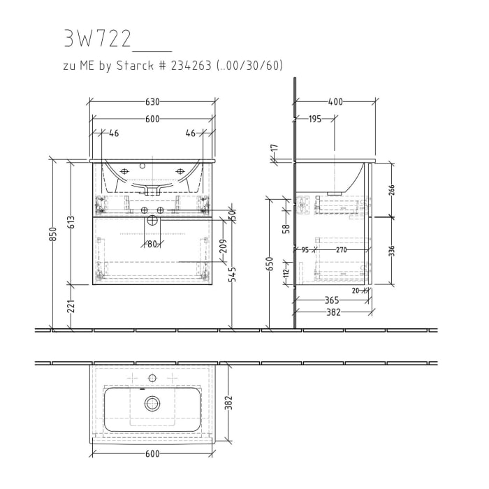 Sanipa 3way Waschtischunterbau für Keramik-Waschtisch ME by Starck 63 cm, 2 Auszüge mit Griffleisten, geringere Tiefe
