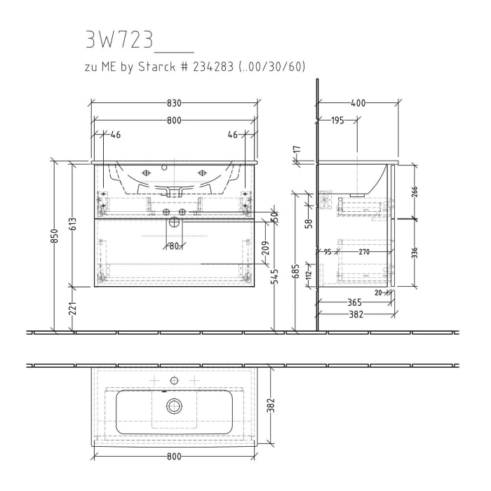 Sanipa 3way Waschtischunterbau für Keramik-Waschtisch ME by Starck 83 cm, 2 Auszüge mit Griffleisten, geringere Tiefe