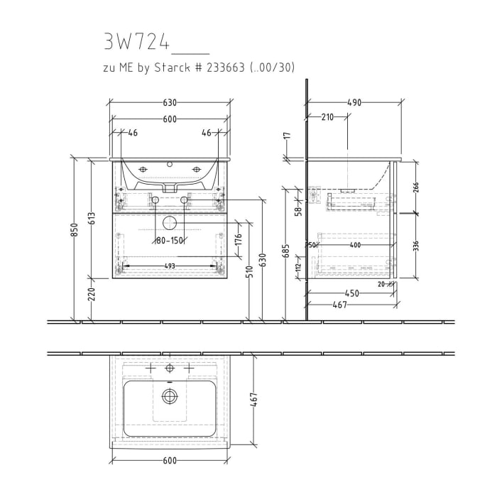 Sanipa 3way Waschtischunterbau für Keramik-Waschtisch ME by Starck 63 cm, 2 Auszüge mit Griffleisten