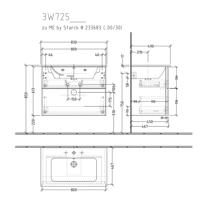 Sanipa 3way Waschtischunterbau für Keramik-Waschtisch ME by Starck 83 cm, 2 Auszüge mit Griffleisten