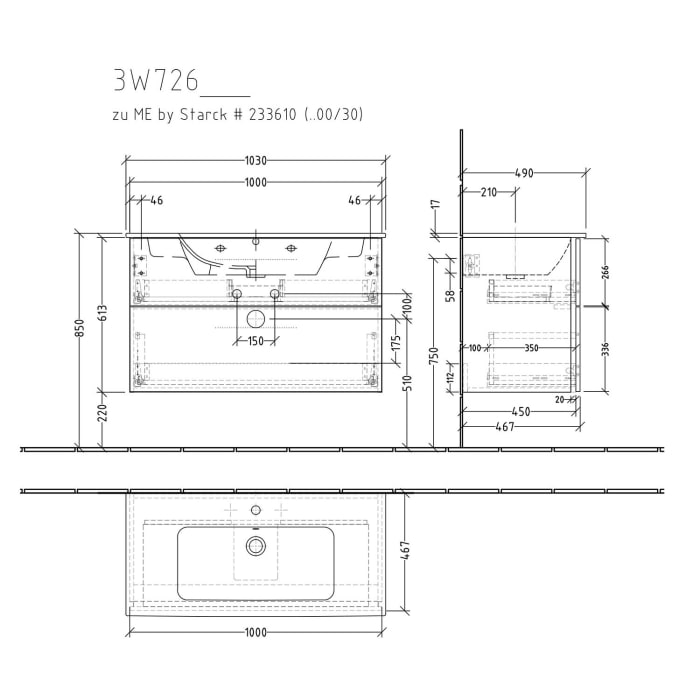 Sanipa 3way Waschtischunterbau für Keramik-Waschtisch ME by Starck 103 cm, 2 Auszüge mit Griffleisten