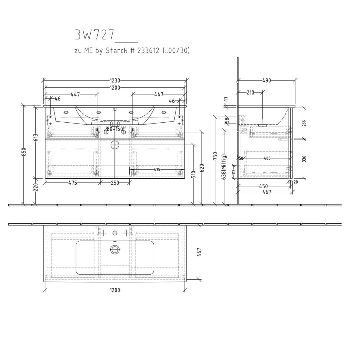 Sanipa 3way Waschtischunterbau für Keramik-Waschtisch ME by Starck 123 cm, 4 Auszüge mit Griffleisten