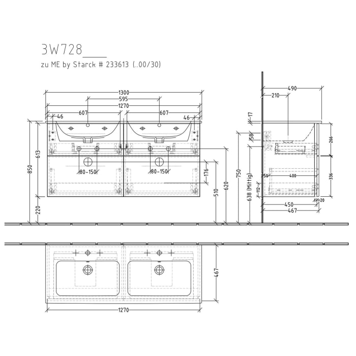 Sanipa 3way Waschtischunterbau für Keramik-Doppelwaschtisch ME by Starck 130 cm, 4 Auszüge mit Griffleisten
