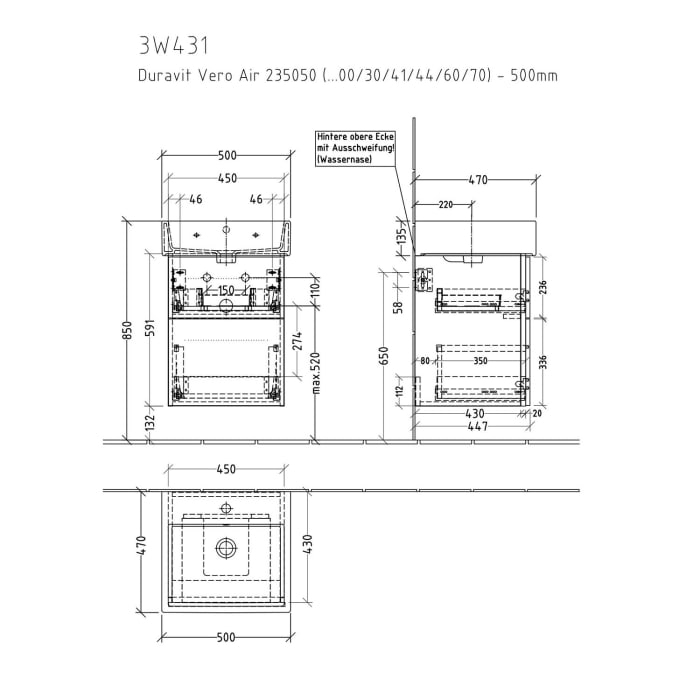 Sanipa 3way Waschtischunterbau für Keramik-Waschtisch Vero Air 50 cm, 2 Auszüge mit Griffleisten