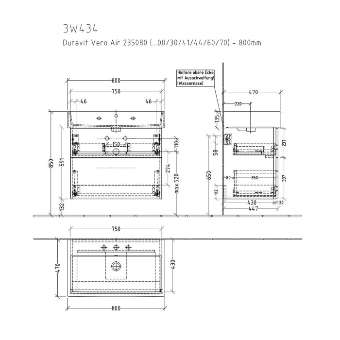 Sanipa 3way Waschtischunterbau für Keramik-Waschtisch Vero Air 80 cm, 2 Auszüge mit Griffleisten