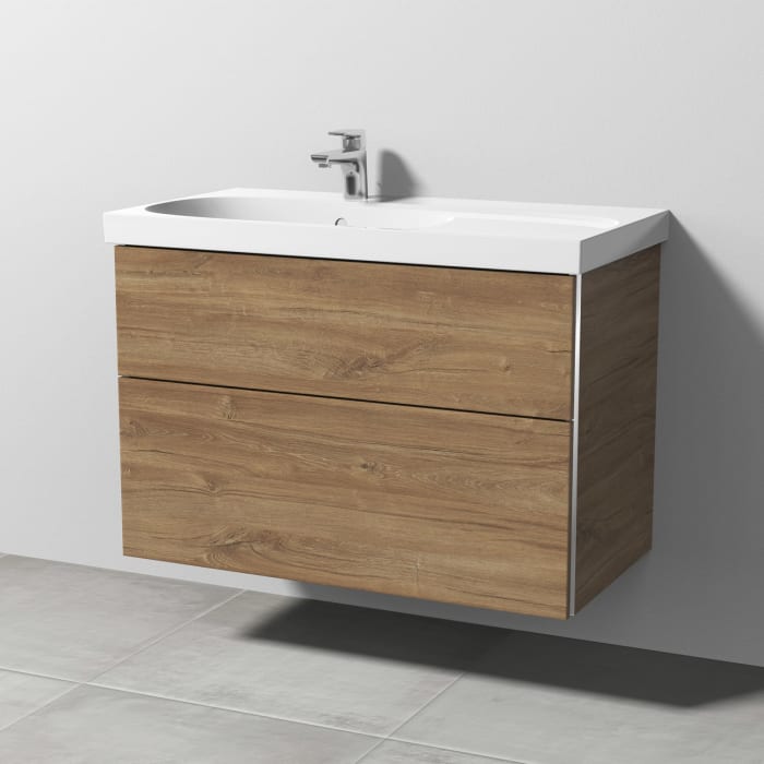 Sanipa 3way Waschtischunterbau für Keramik-Waschtisch Acanto 90 cm Ablagefläche rechts, 2 Auszüge mit Griffleisten