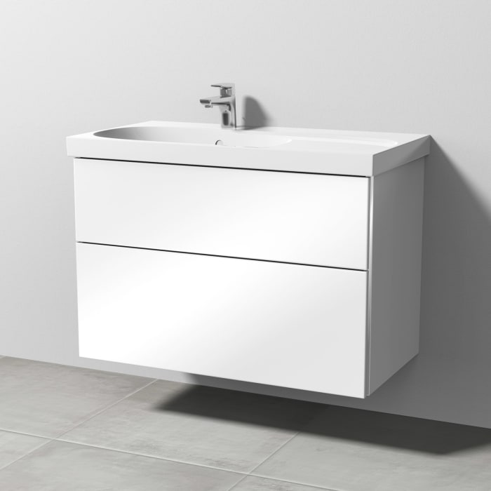 Sanipa 3way Waschtischunterbau für Keramik-Waschtisch Acanto 90 cm Ablagefläche rechts, 2 Auszüge mit Griffleisten