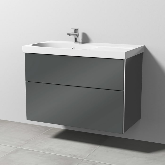 Sanipa 3way Waschtischunterbau für Keramik-Waschtisch Acanto 90 cm Ablagefläche rechts, 2 Auszüge mit Griffleisten