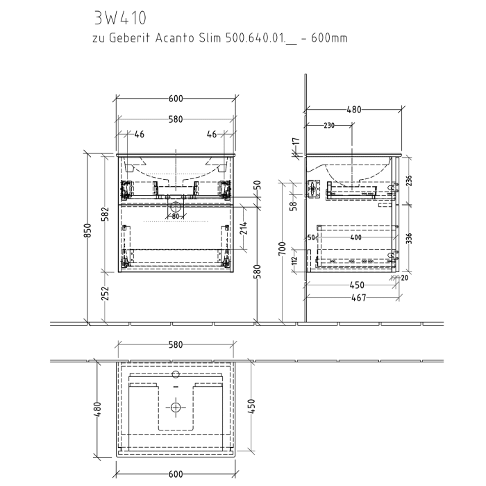 Sanipa 3way Waschtischunterbau für Keramik-Waschtisch Acanto 60 cm, flach, 2 Auszüge mit Stangengriff 0100