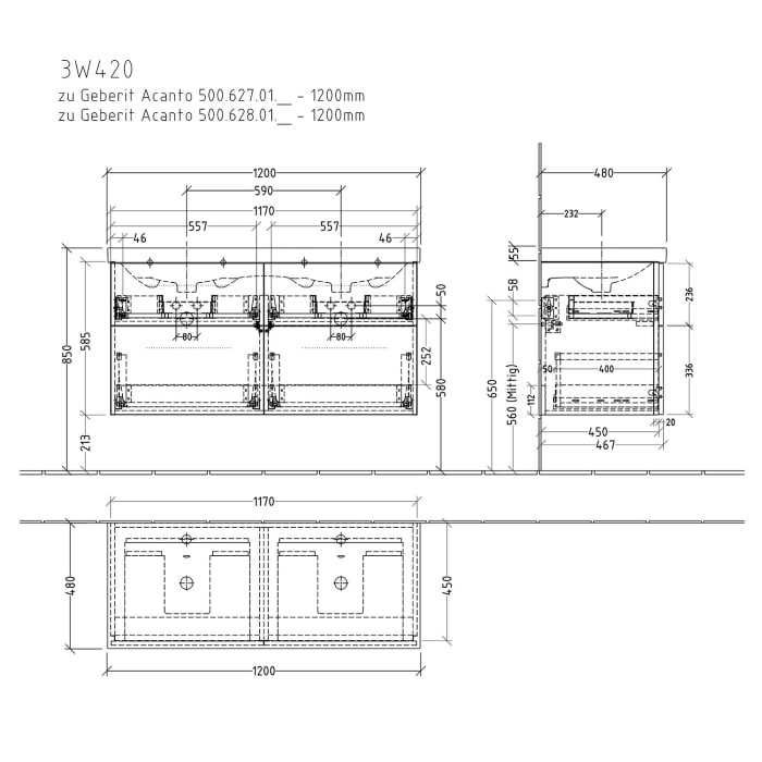 Sanipa 3way Waschtischunterbau für Keramik-Doppelwaschtisch Acanto 120 cm, 4 Auszüge mit Griffleisten