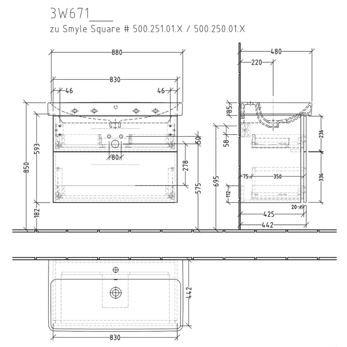 Sanipa 3way Waschtischunterbau für Keramik-Waschtisch Smyle Square 90 cm, 2 Auszüge mit Griffleisten
