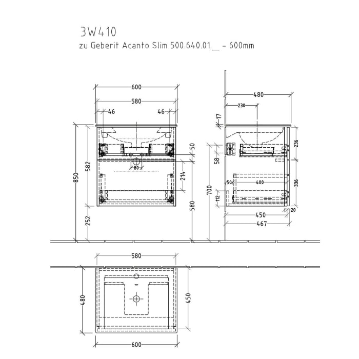 Sanipa 3way Waschtischunterbau für Keramik-Waschtisch Acanto 60 cm, flach, 2 Auszüge mit Stangengriff 0100