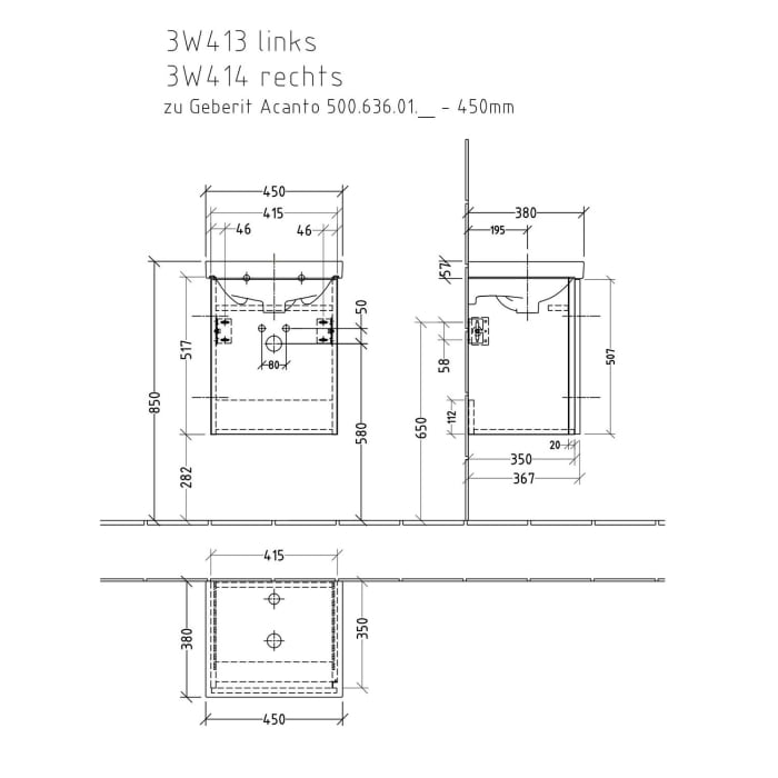 Sanipa 3way Waschtischunterbau für Keramik-Waschtisch Acanto 45 cm, 1 Tür, Anschlag links, mit Griffleiste