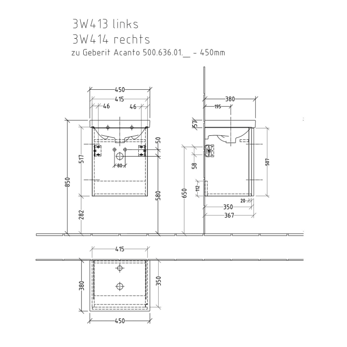 Sanipa 3way Waschtischunterbau für Keramik-Waschtisch Acanto 45 cm, 1 Tür, Anschlag rechts, mit Griffleiste