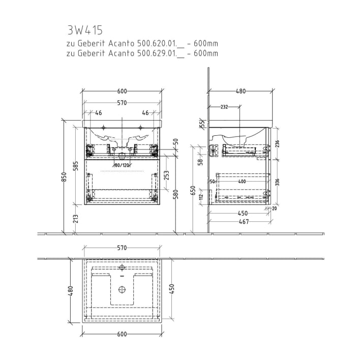 Sanipa 3way Waschtischunterbau für Keramik-Waschtisch Acanto 60 cm, 2 Auszüge mit Griffleisten