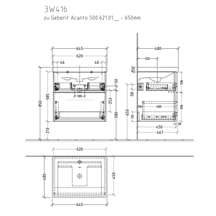 Sanipa 3way Waschtischunterbau für Keramik-Waschtisch Acanto 65 cm, 2 Auszüge mit Griffleisten