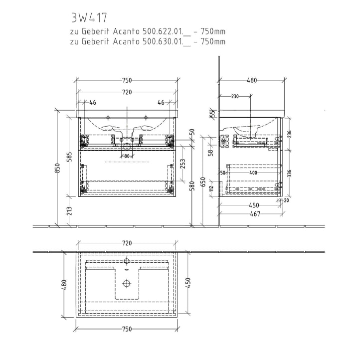 Sanipa 3way Waschtischunterbau für Keramik-Waschtisch Acanto 75 cm, 2 Auszüge mit Griffleisten