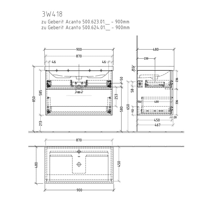 Sanipa 3way Waschtischunterbau für Keramik-Waschtisch Acanto 90 cm, 2 Auszüge mit Griffleisten