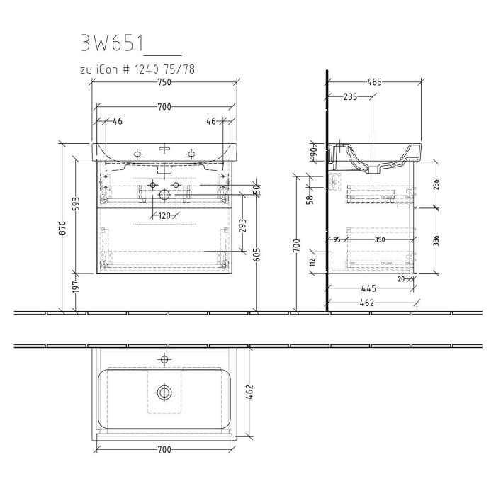 Sanipa 3way Waschtischunterbau für Keramik-Waschtisch iCon 75 cm, 2 Auszüge mit Griffleisten