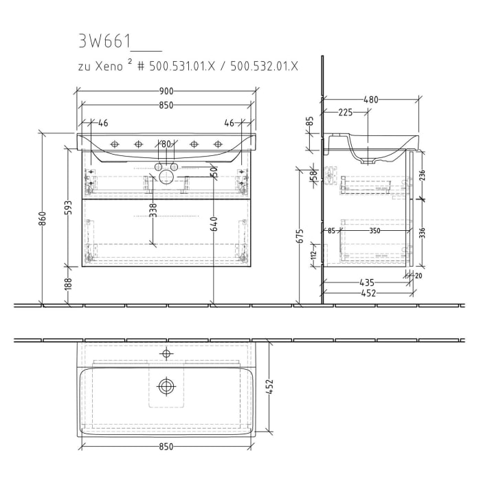 Sanipa 3way Waschtischunterbau für Keramik-Waschtisch Xeno² 90 cm, 2 Auszüge mit Griffleisten