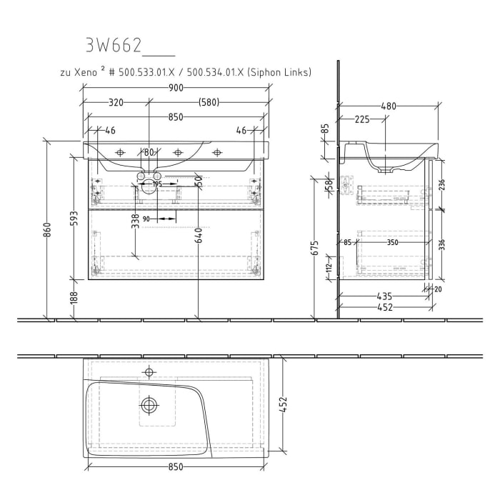 Sanipa 3way Waschtischunterbau für Keramik-Waschtisch Xeno² 90 cm, 2 Auszüge mit Griffleisten, Ablagefläche rechts