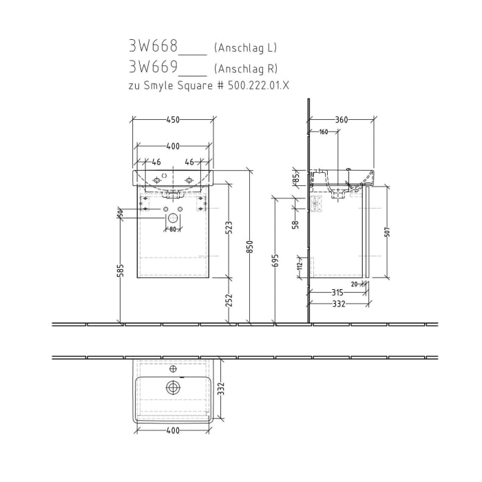 Sanipa 3way Waschtischunterbau für Keramik-Waschtisch Smyle Square 45 cm, 1 Tür, Anschlag links, mit Griffleiste