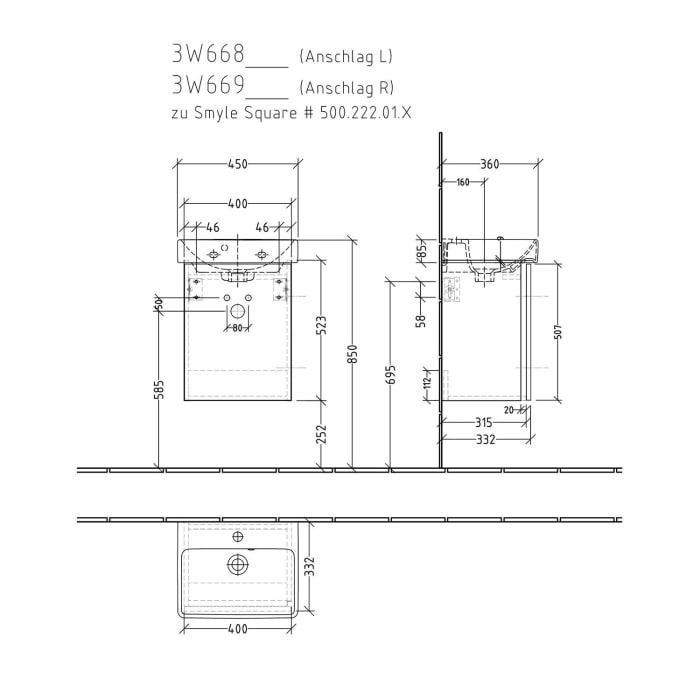 Sanipa 3way Waschtischunterbau für Keramik-Waschtisch Smyle Square 45 cm, 1 Tür, Anschlag rechts, mit Griffleiste