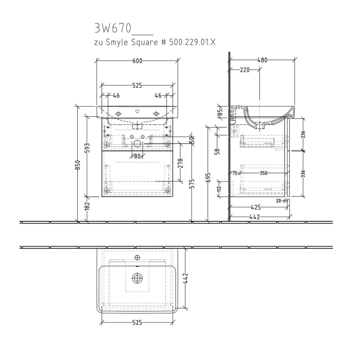 Sanipa 3way Waschtischunterbau für Keramik-Waschtisch Smyle Square 60 cm, 2 Auszüge mit Griffleisten