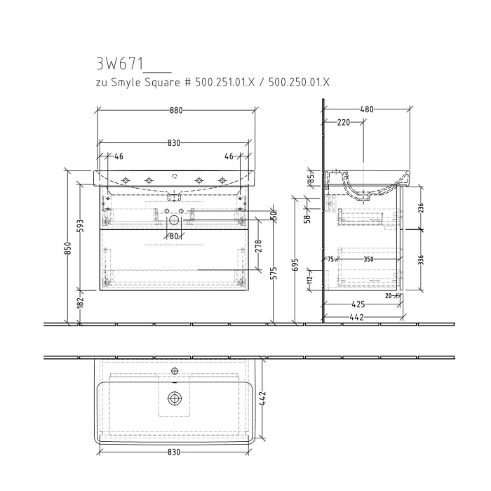 Sanipa 3way Waschtischunterbau für Keramik-Waschtisch Smyle Square 90 cm, 2 Auszüge mit Griffleisten
