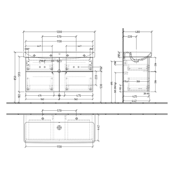 Sanipa 3way Waschtischunterbau für Keramik-Waschtisch Smyle Square 120 cm, 4 Auszüge mit Griffleisten